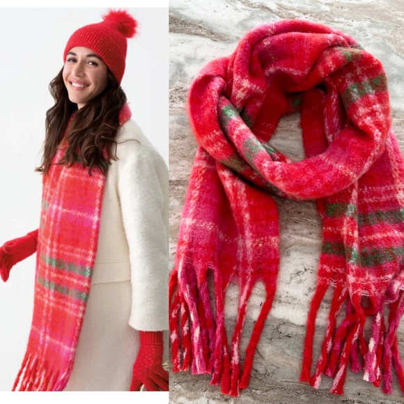 Cozy, Soft & Warm Shiraleah Red, Pink, Green & White Plaid Scarf- Cold Weather - Picture 1 of 16